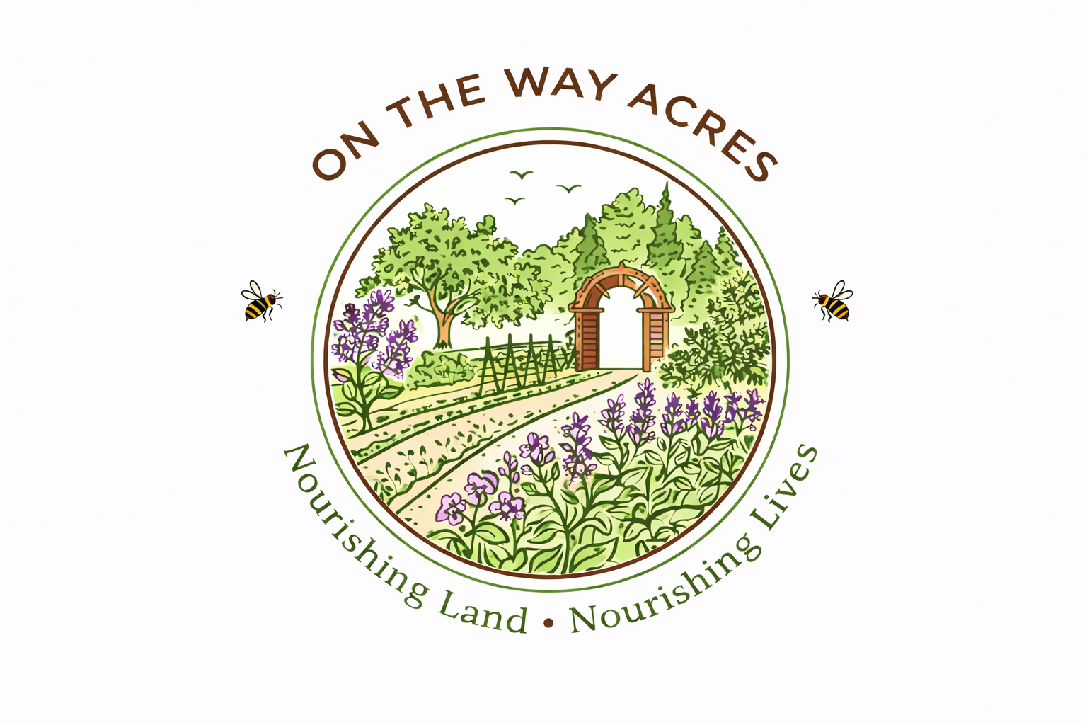 On The Way Acres logo with garden archway, lavender and bees
